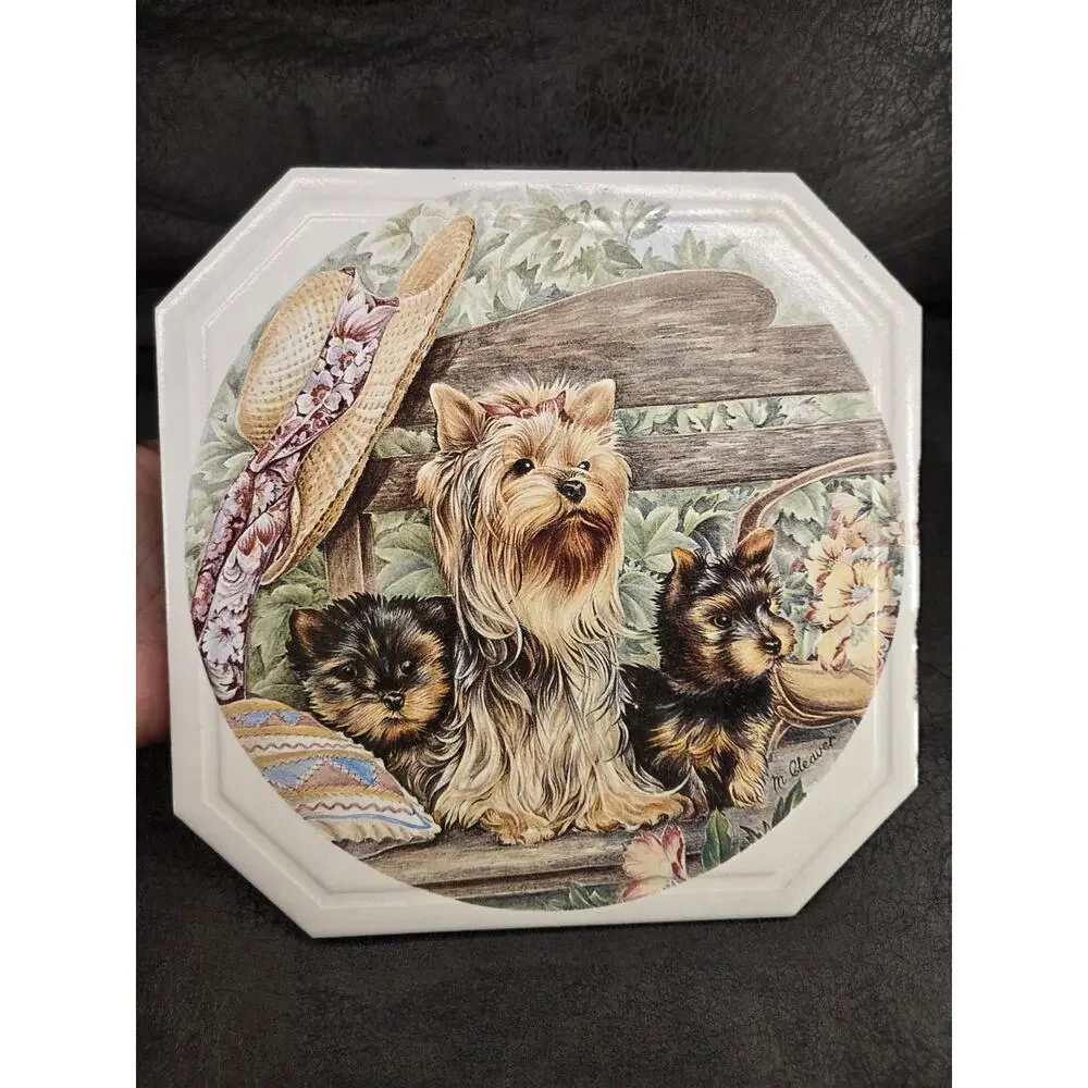 Vintage M Cleaver Yorkshire Terrier Ceramic Tile Trivet Yorkie Dog Plaque 8